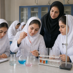 دانش‌آموزان در حال انجام آزمایش شیمی در دبیرستان