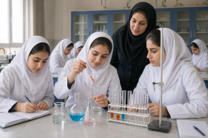 دانش‌آموزان در حال انجام آزمایش شیمی در دبیرستان