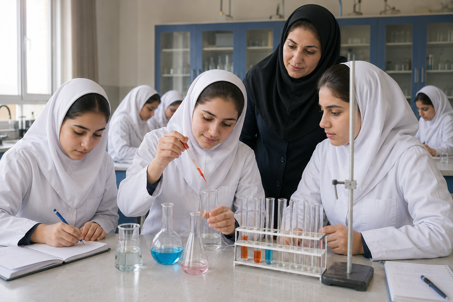 دانش‌آموزان در حال انجام آزمایش شیمی در دبیرستان